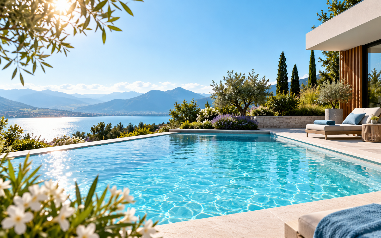 Sonniger Swimmingpool mit Blick auf See und Berge